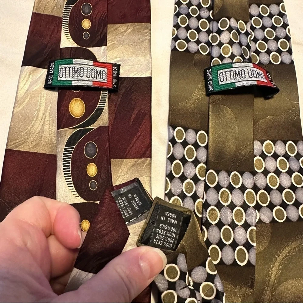 Ottimo Uomo Olive Green Silver & Cream, Burgandy & Black Silk Ties 58” x 4”